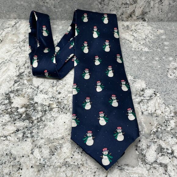 Men's Navy Blue w/ Snowman Design 100% Silk Seda Tie HOLIDAYS - Picture 1 of 6